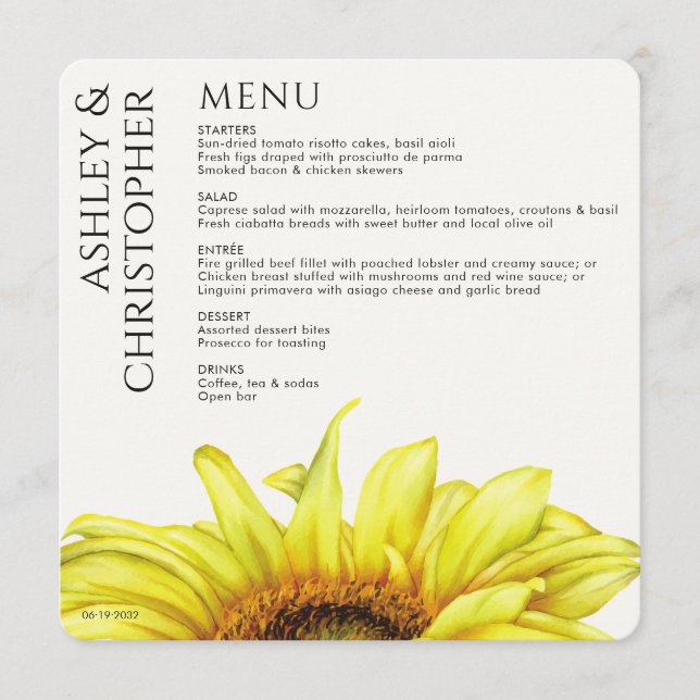 Menu Mariage de tournesol rustique moderne (Devant)