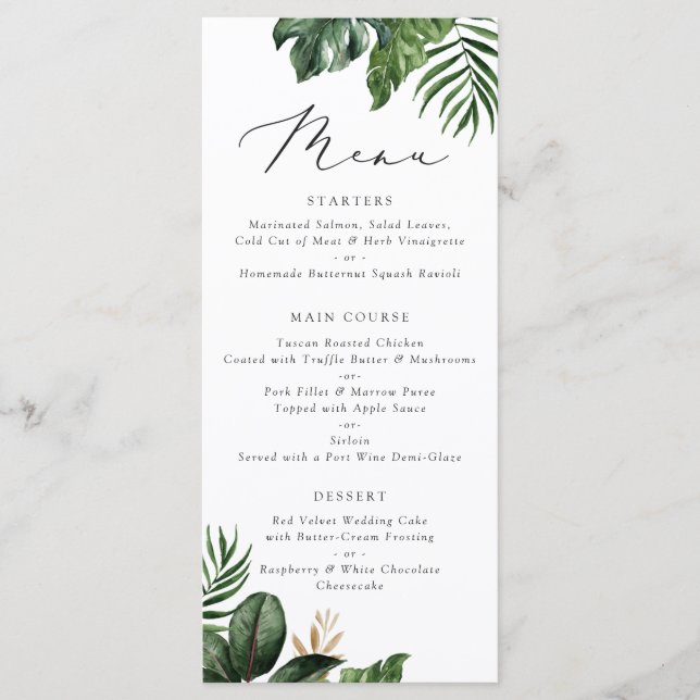 Menu Mariage de typographie de feuille de palme tropica (Devant)