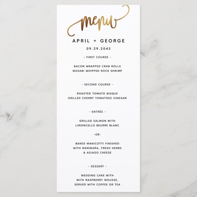 Menu Mariage de typographie de script d'or noir (Devant)