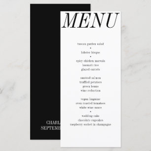 Menu Mariage de typographie noir blanc contemporain uni