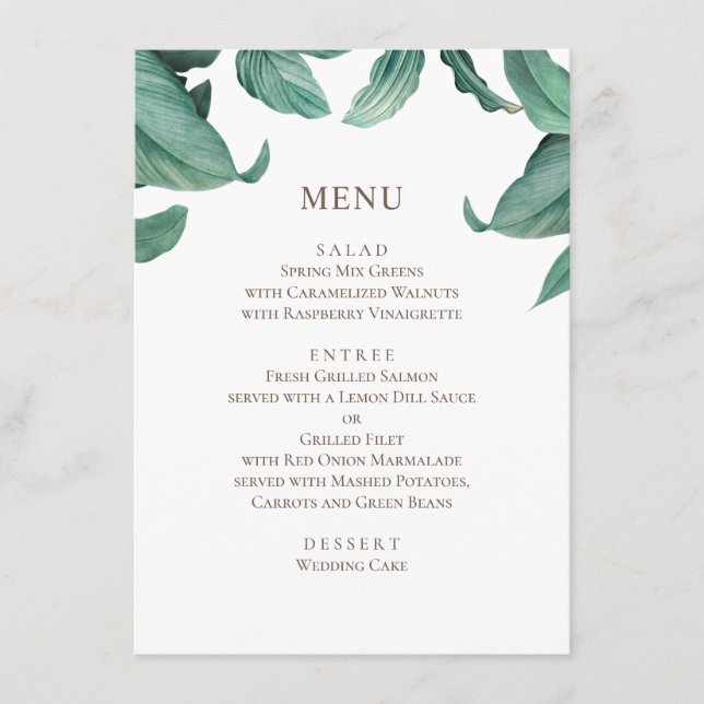 Menu Mariage de verdure tropicale. Aquarelle botanique (Devant)