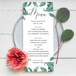 Menu Mariage de verdure tropicale. Aquarelle botanique