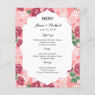 Menu mariage Delicate Pays Chic Rose & Dentelle