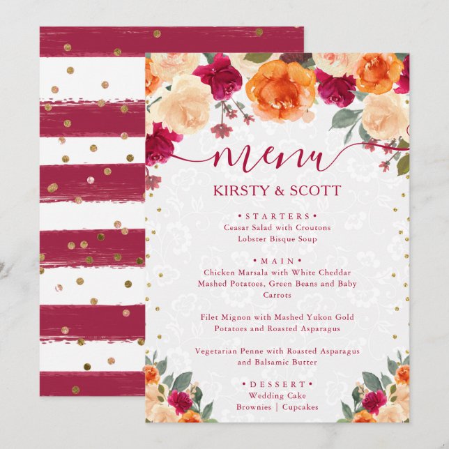 Menu Mariage des fleurs automnales rouge et orange (Devant / Derrière)