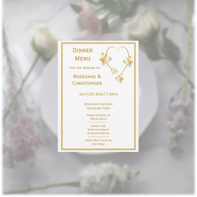 Menu Mariage d'or Papillons Coeur Design (Gold wedding menu butterflies heart design)