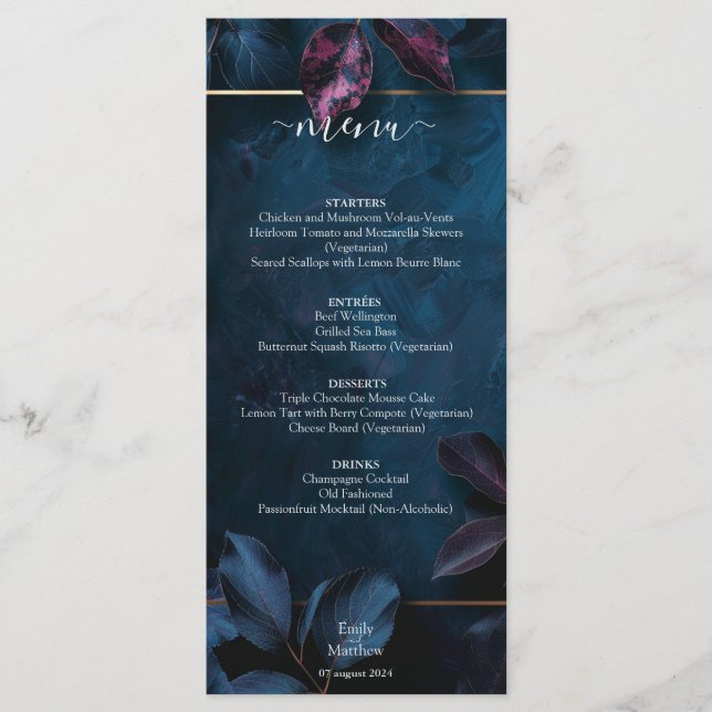 Menu Mariage du jardin de minuit enchanté (Devant)