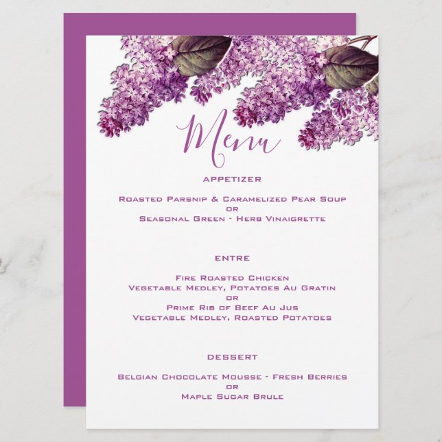 Menu Mariage du jardin de printemps de Lilac (Devant / Derrière)