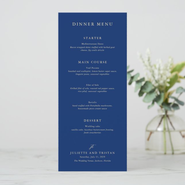 Menu Mariage Élégant Bleu Marine et Crème Classique (Debout devant)