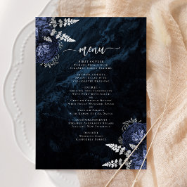 Menu Mariage Élégant Bleu Nuit Argent Floral