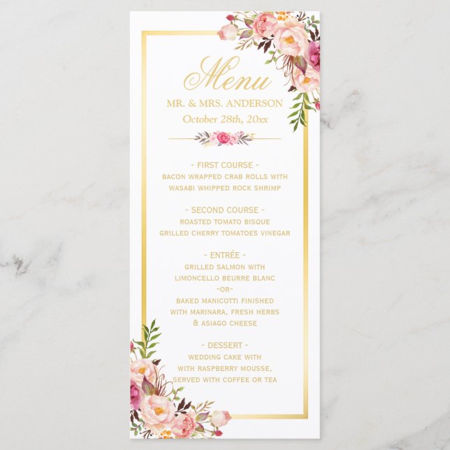 Menu mariage Elegant Chic Gold Frame Floral (Devant)