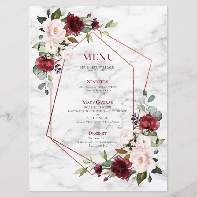 Menu Mariage élégant en marbre bordeaux de cuivre géomé (Devant)