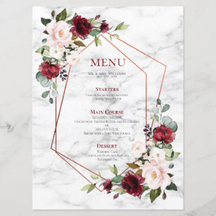 Menu Mariage élégant en marbre bordeaux de cuivre géomé