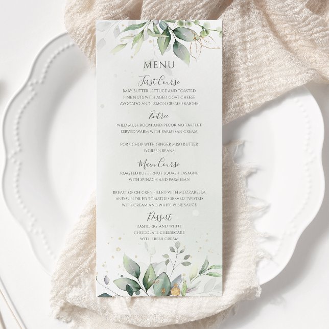 Menu Mariage élégant feuilles d'eucalyptus verdure or (Créateur téléchargé)