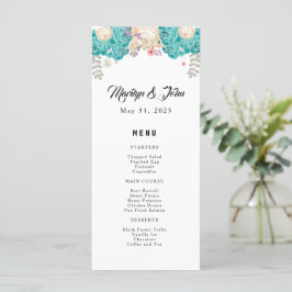 Menu Mariage élégant Floral Bleu Fleurs blanches