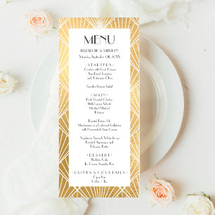 Menu Mariage Élégant Gatsby Art Déco Blanc & Or