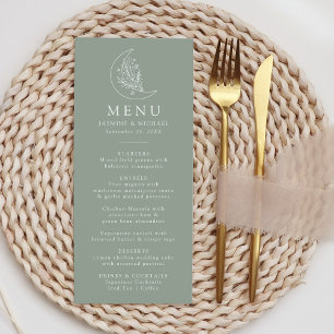 Menu Mariage Élégant Lune et Étoiles Vert Sauge