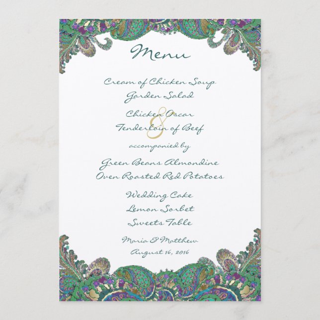 Menu Mariage Élégant Monogram Paisley Paon Couleurs (Dos)