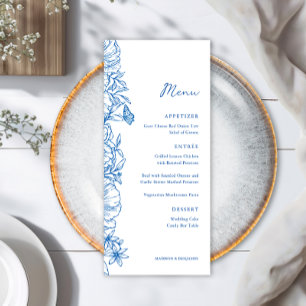 Menu Mariage Élégant Simple Jardin Floral Bleu Royal
