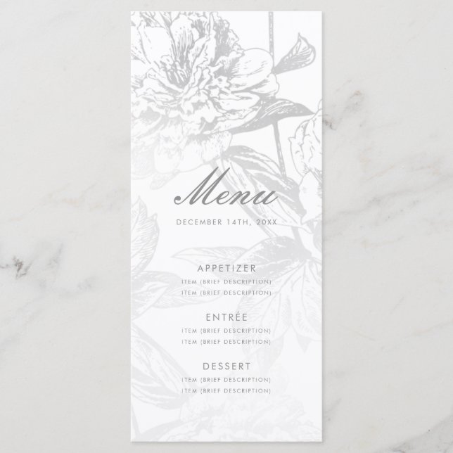 Menu Mariage élégant Simple Moderne Floral Argent (Devant)