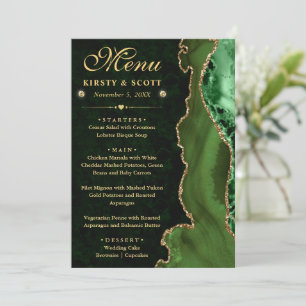 Menu Mariage élégant vert et or faux paillettes d'agate