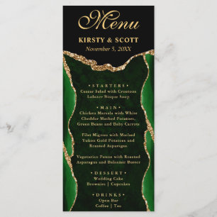 Menu Mariage élégant vert et or faux paillettes d'agate