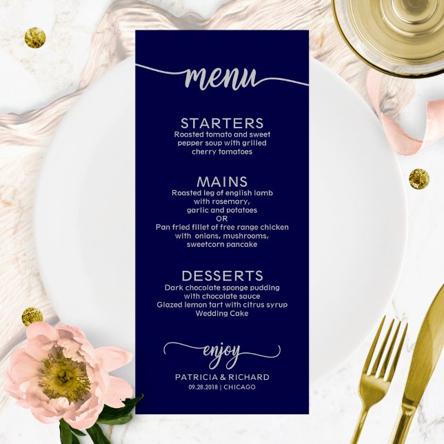 Menu mariage Élégante Calligraphie Marine Blue Sil (Créateur téléchargé)