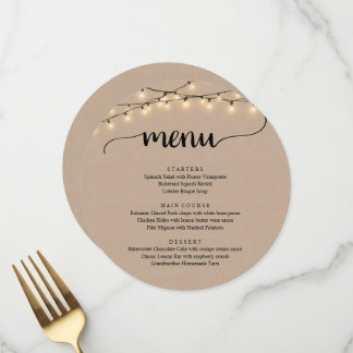 Menu Mariage Elopement Dîner String Lights Kraft Brown