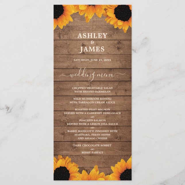 Menu Mariage en bois rustique de tournesol radiant (Devant)