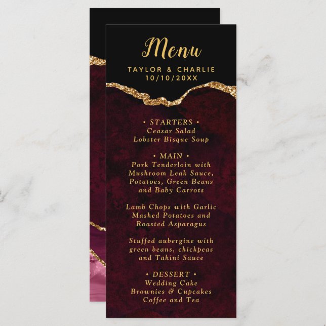 Menu Mariage en marbre rouge et or (Devant / Derrière)