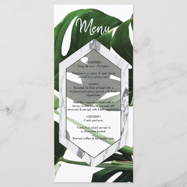 Menu Mariage en marbre tropical Monstera (Devant)