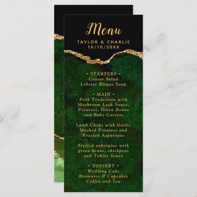 Menu Mariage en marbre vert et or (Devant / Derrière)