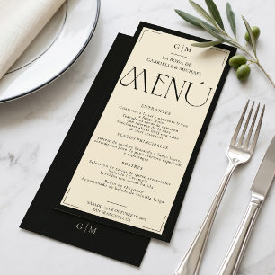 Menu Mariage Espagnol Monogramme Noir Ivoire 
