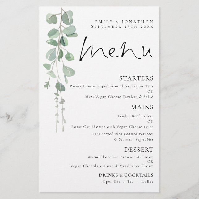 Menu Mariage Eucalyptus couleur d'aquarelle budget (Devant)