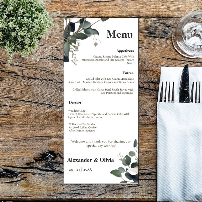Menu Mariage Eucalyptus moderne (Modern Eucalyptus Wedding Menu)