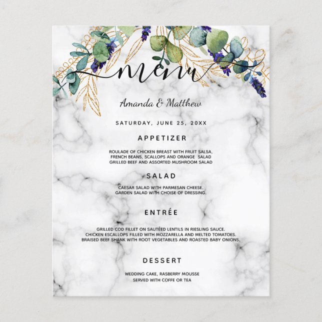 Menu mariage eucalyptus vert marbre or (Devant)
