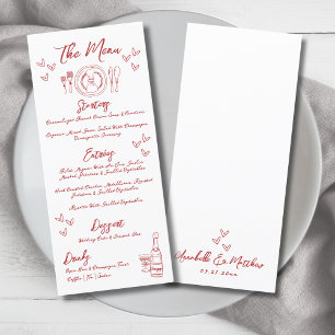 Menu Mariage Fantaisiste Rouge Dessiné à la Main à la F