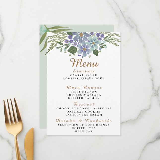 Menu Mariage Feuille 08d Aquarelle (Devant/Arrière en situation)