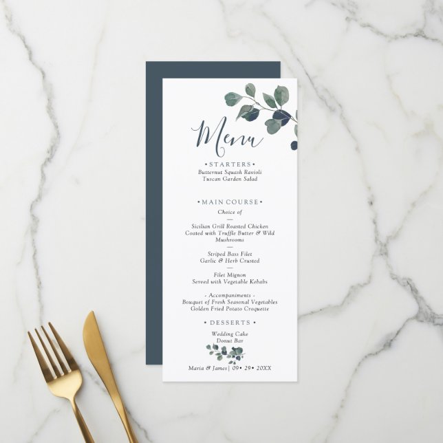 Menu Mariage Feuille de l'Eucalyptus (Devant/Arrière en situation)