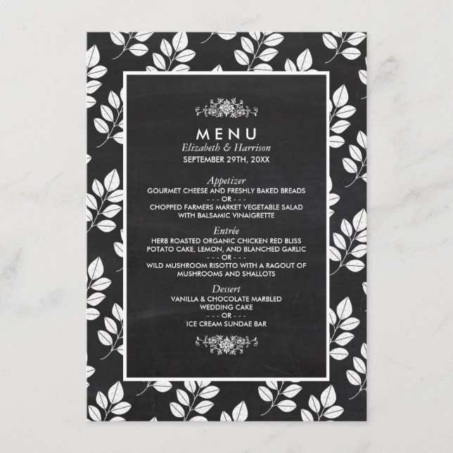 Menu Mariage feuille florale tableau noir (Devant)