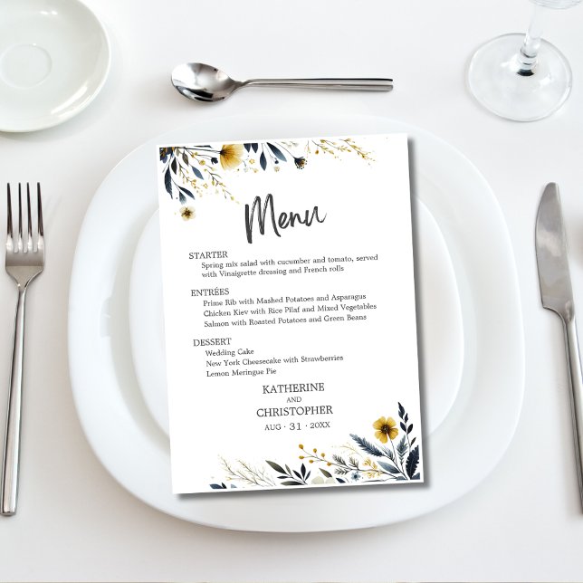 Menu Mariage Fleur sauvage Blue Yellow Watercolor (Blue Yellow Watercolor Wildflowers Elegant Menu with Menu Choices.)
