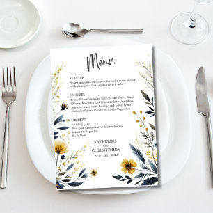 Menu Mariage Fleur sauvage Blue Yellow Watercolor