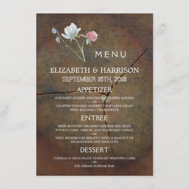 Menu Mariage fleur sauvage en chêne (Devant)