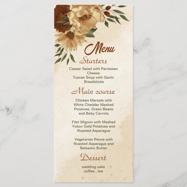 Menu mariage fleuri rustique en terre cuite (Devant)