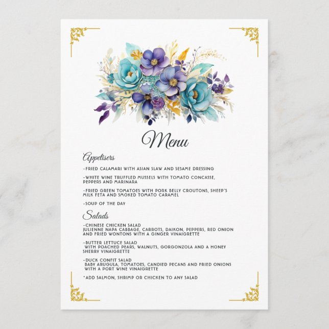 Menu Mariage Fleurie Bleu Vert, Violet et Or (Devant)
