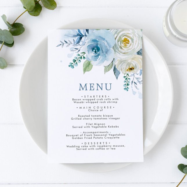 Menu Mariage Fleurs bleu et blanc Dusty (Créateur téléchargé)