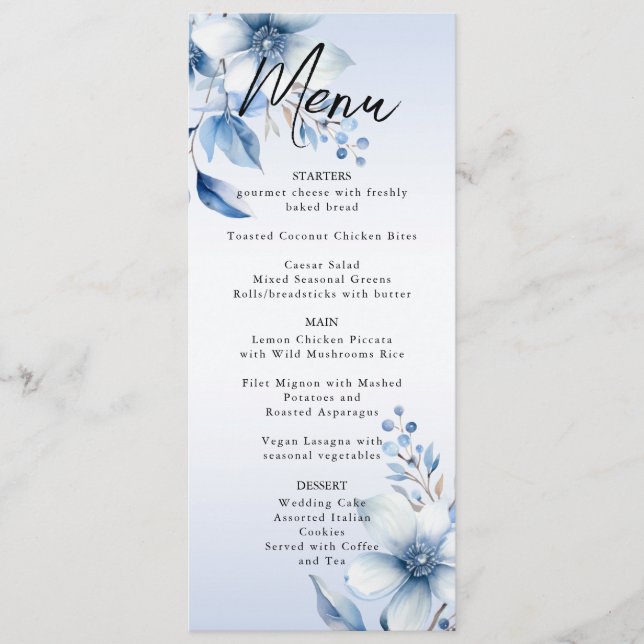Menu Mariage Fleurs Bleues Botaniques (Devant)