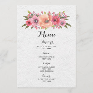 Menu Mariage Fleurs d'aquarelle rose vintage