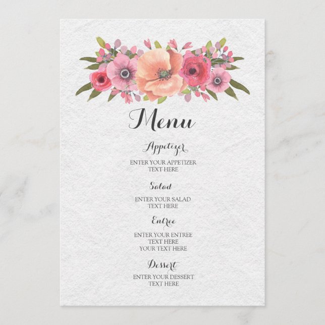 Menu Mariage Fleurs d'aquarelle rose vintage (Devant)