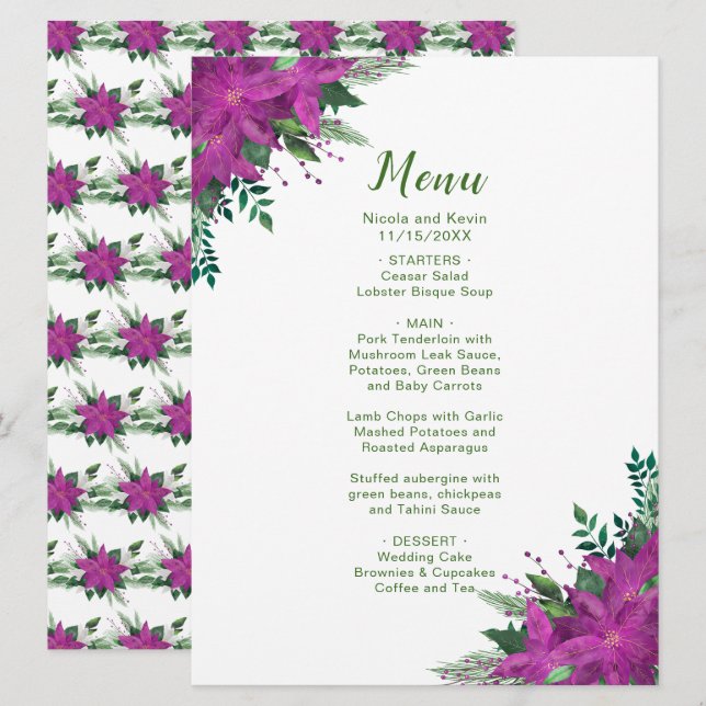 Menu Mariage Fleurs de Poinsettia violet de Noël (Devant / Derrière)