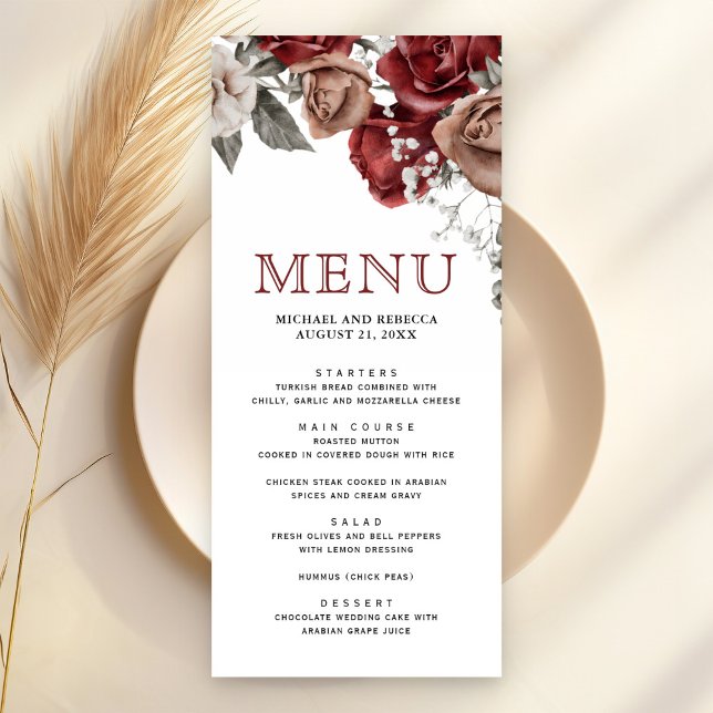 Menu Mariage Fleurs de Roses Rouges Bourgogne (Créateur téléchargé)